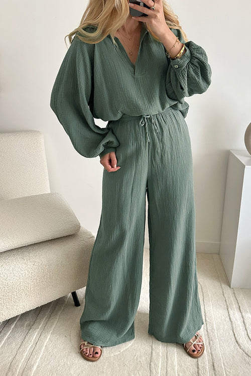 Green Crinkle Split Neck Top Loose Drawstring Pants Set