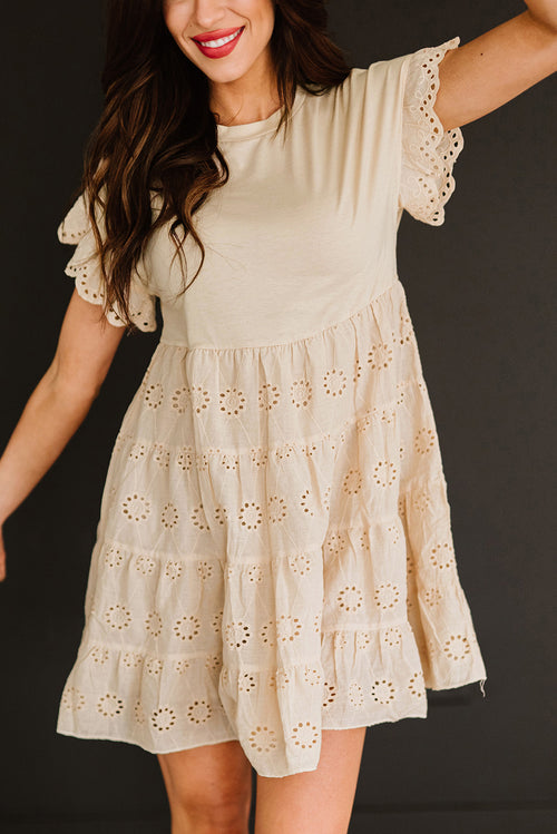 Khaki Eyelet Pattern Tiered Short Dress