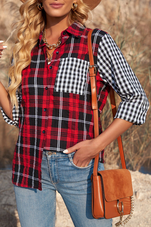 Plaid Splicing Hit Color Pockets Turndown Collar Long Sleeve Shirt