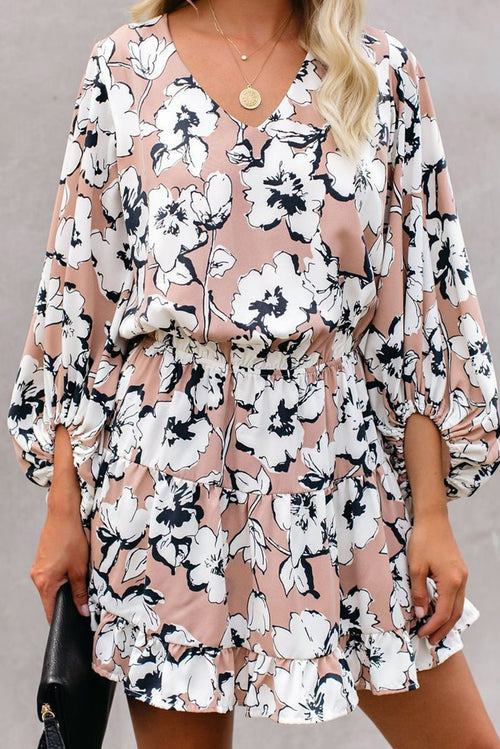 V Neck Lantern Sleeves Floral Tunic Dress