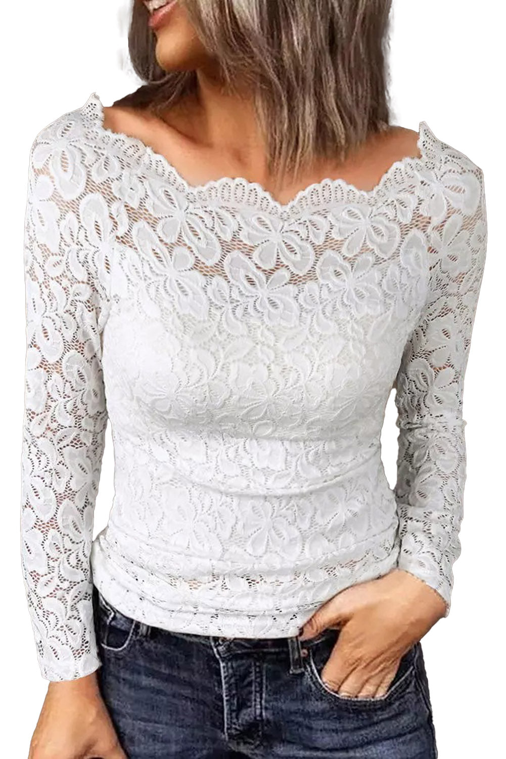 Womens Summer Tops Keyhole Neck Lace Sleeve Top (Color : White