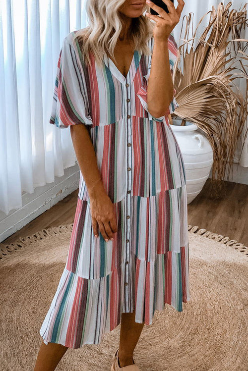 Serape Striped V Neck Buttoned Shirt Dress