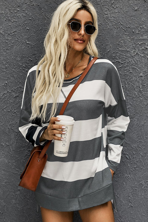 Round Neck Side Slit Casual Oversized Sweatshirt