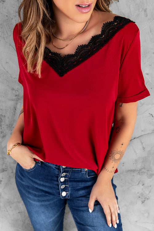 Wine Lace V Neck Short Sleeve T-shirt