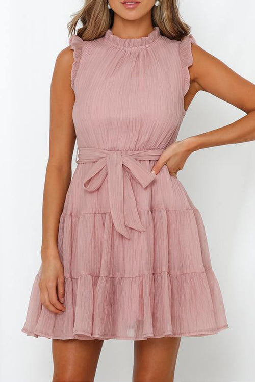 Frilled Neck Sleeveless Tiered Tulle Dress