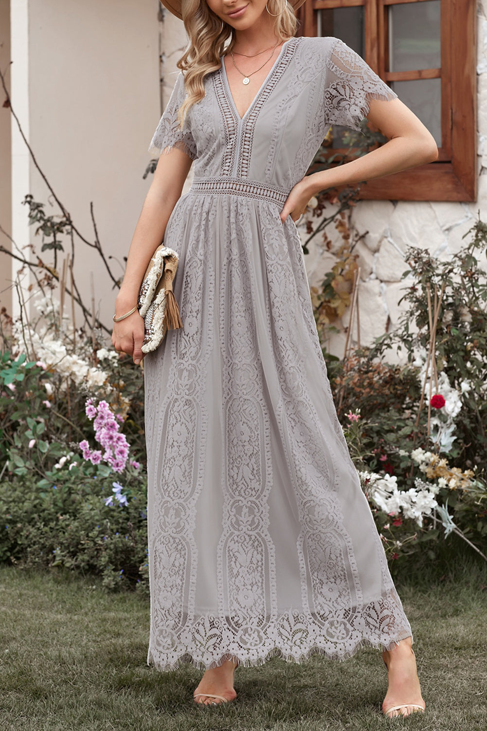 Burgundy Deep V Neck Short Sleeve Lace Maxi Dress