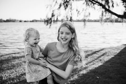 Black and white photo of Pippa and Esmae Mostert