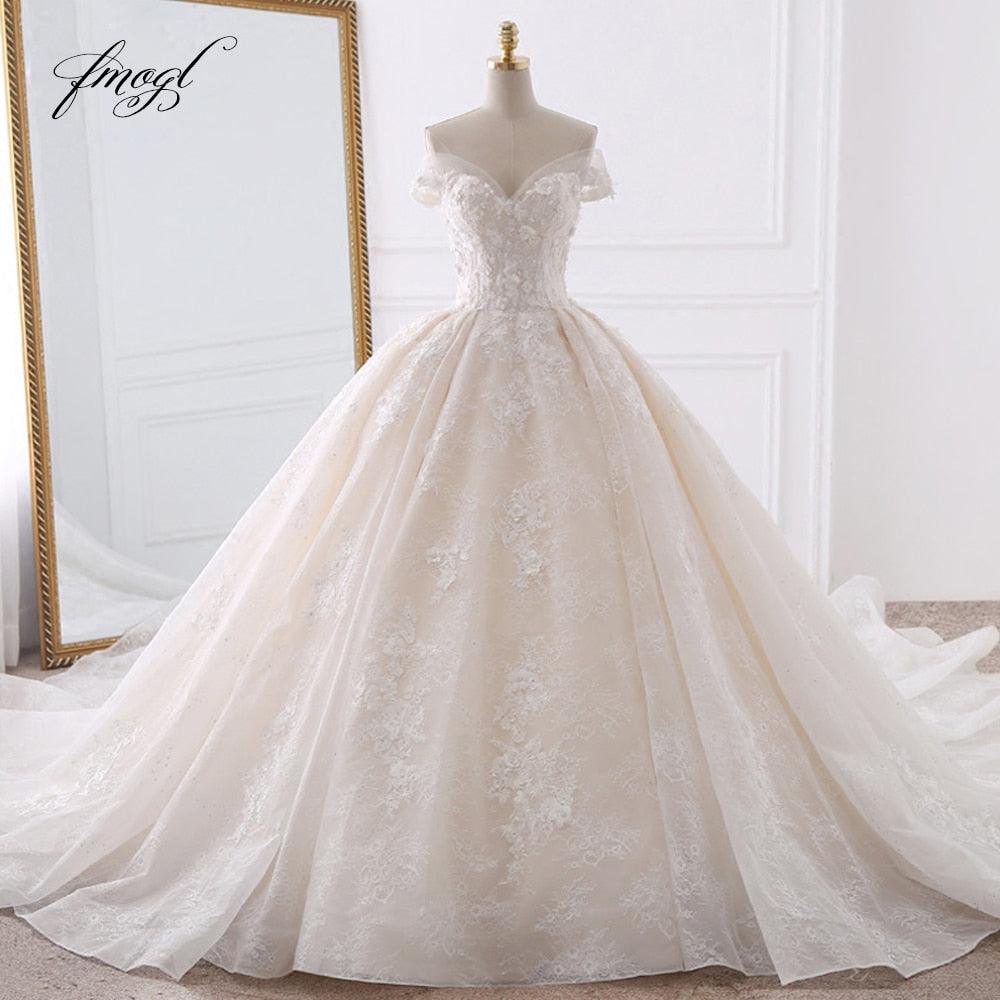 Fantabulous Sexy Sweetheart Lace Ball Gown Wedding Dresses - Beaded Flowers Chapel Train Bride Gown (WSO1)