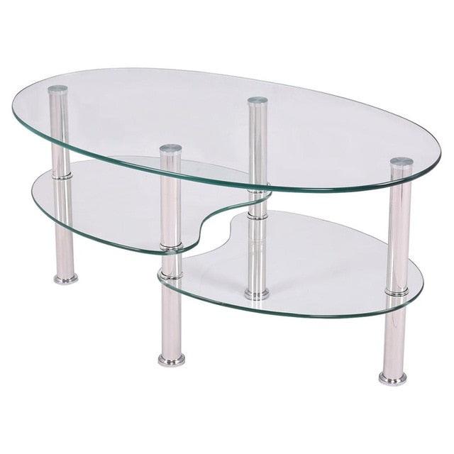 Tempered Glass Oval Side Coffee Table Shelf Chrome Base Living Room Clear Black Modern Coffee Table (FW1)(1U67)(F67)