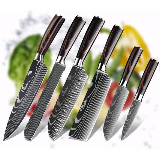 Kitchen Knives Chef knife 1-10 Pcs Set Cheap Laser Damascus Pattern Sharp  Japanese Santoku Knife Cleaver Paring Bread Knife