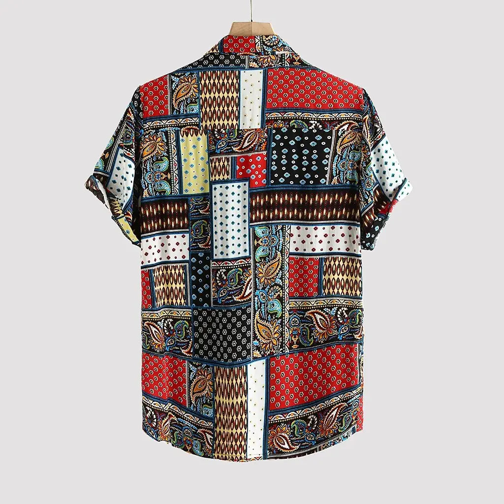 Kurzärmliges Herren-Baumwollhemd mit farbenfrohem abstraktem Druck
