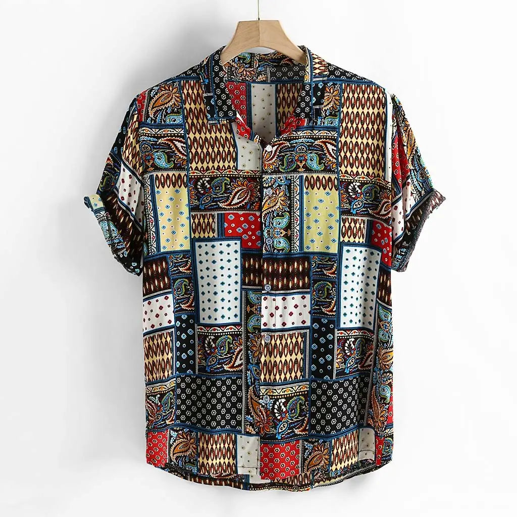 Kurzärmliges Herren-Baumwollhemd mit farbenfrohem abstraktem Druck
