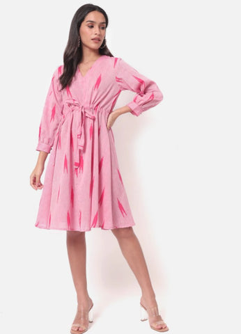 Sayoni Pink Ikat V-Neck Dress