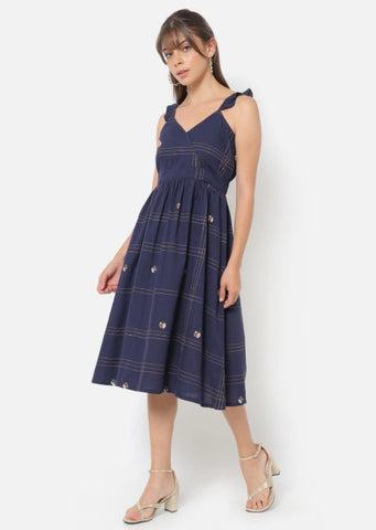 Minimalist Navy Overlap Neck Midi Dress