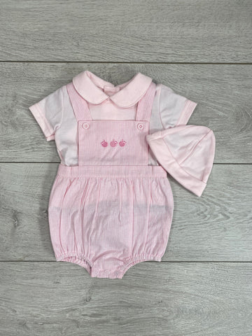 This gorgeous little dungaree set features a pink t-shirt, pink striped dungaree and a pink hat. The dungaree is finished with some embroidered cherries and would make a beautiful outfit this summer.