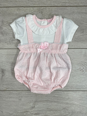 Get your little one summer ready with this beautiful pink romper suit. Featuring a lovely dotty pattern all over the bottom half of the romper and a cute white frilly collar to the top.