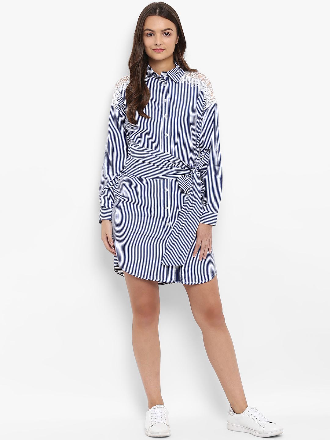 Lace Trimming Stripe Shirt Dress