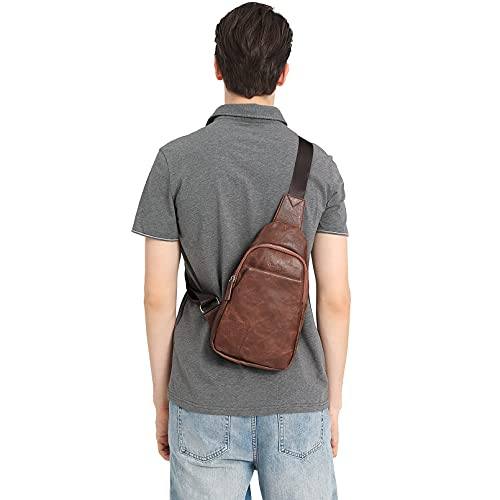 Men Genuine Leather or Canvas Crossbody Sling Bag with USB Charging One Size -2 in Dark Brown | Small