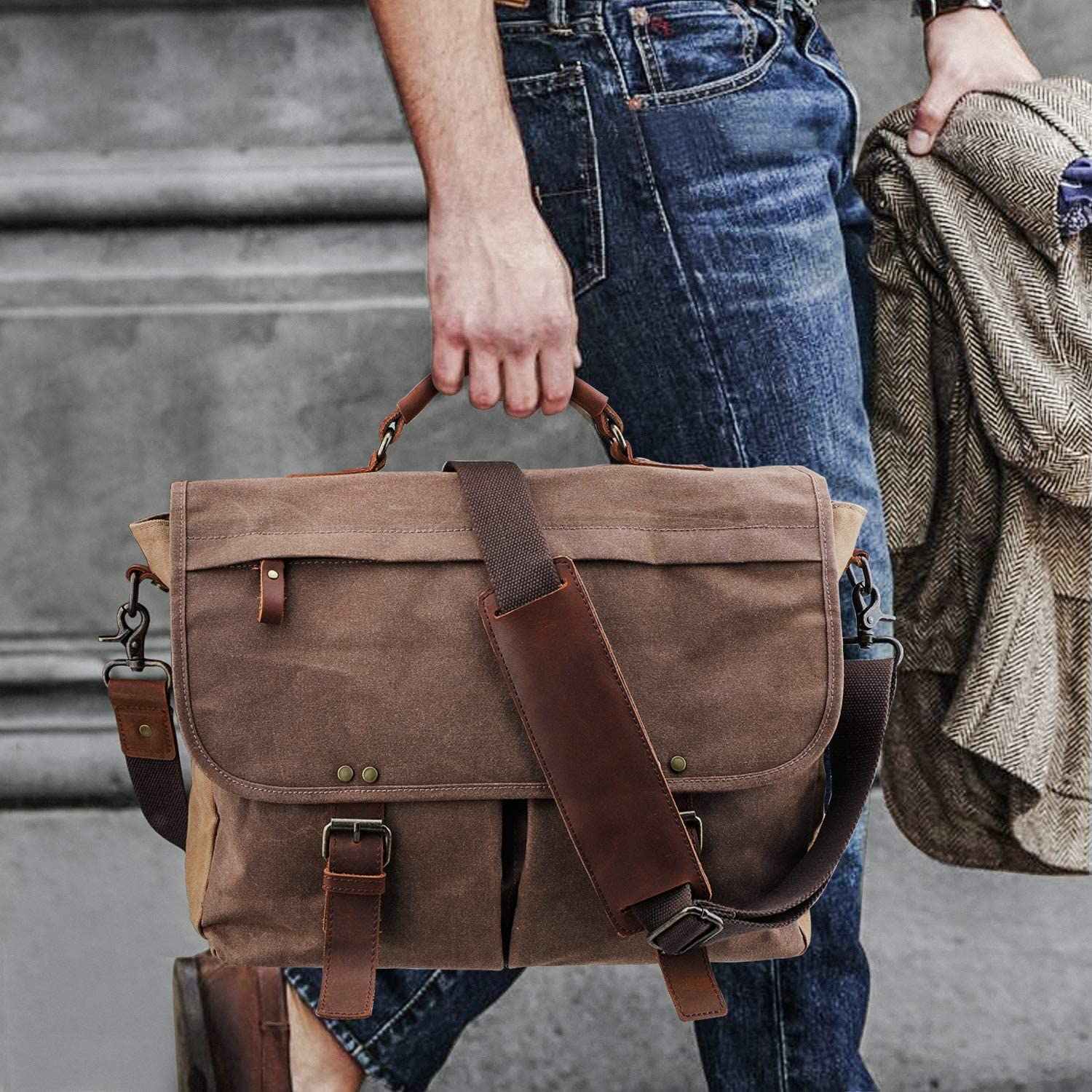 Classic Waxed Canvas Messenger Bag Mens Laptop Briefcase Cross 