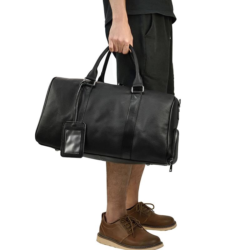 Black Leather Duffle Bag Men Small Shoulder Travel Weekender W