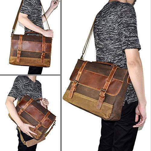 15.6 inch Genuine Leather Waterproof Vintage Waxed Canvas Mens Messenger Bag