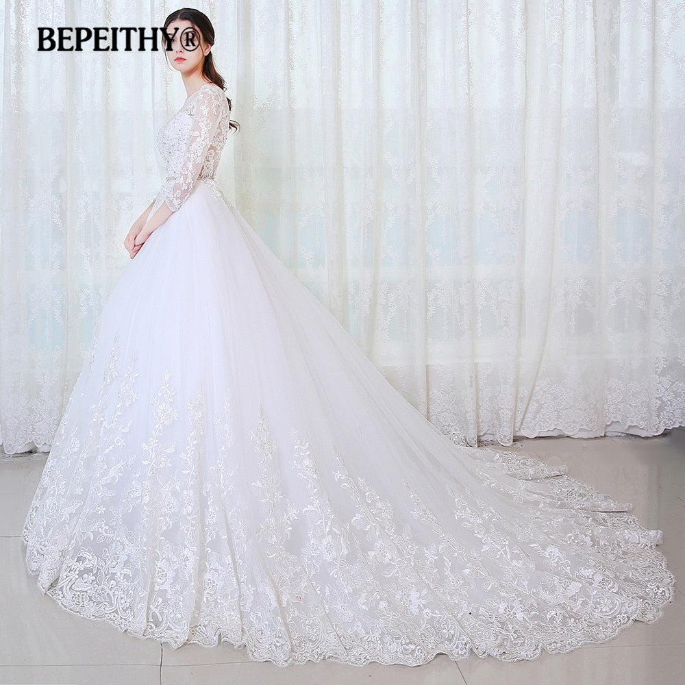 Ball Gown Princess Full Sleeves With Belt Lace Vintage Wedding Dresses