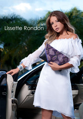 Lissette Rondon, Miami fashion blogger with a purple python and textured leather clutch