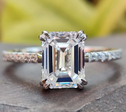 2.82 TW Emerald cut Double Claw Prong Hidden Halo Moissanite Engagement Ring