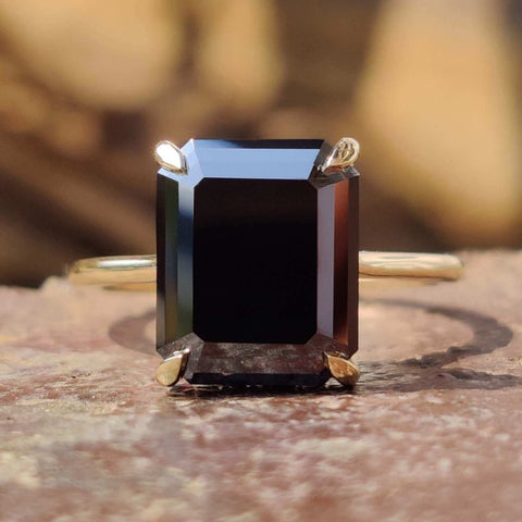 Emerald Step Cut Black Moissanite Hidden Halo Engagement Ring