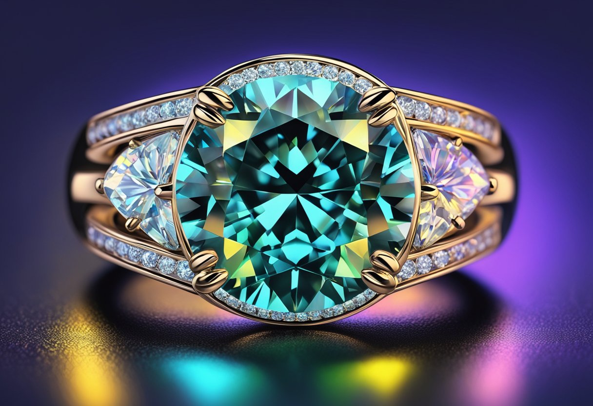 A Moissanite ring shining bright under UV light