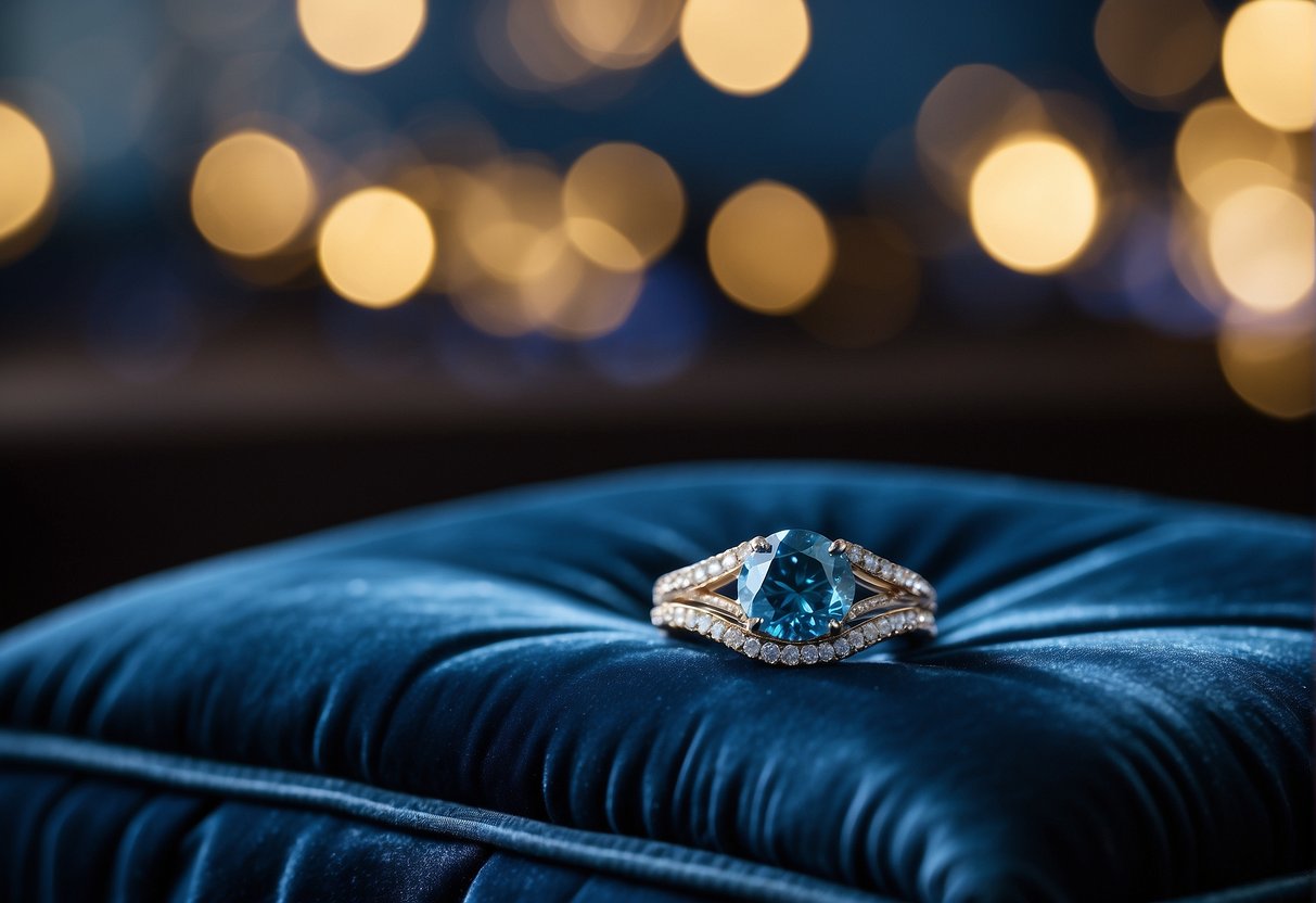 A beautiful blue diamond ring on the cushion.