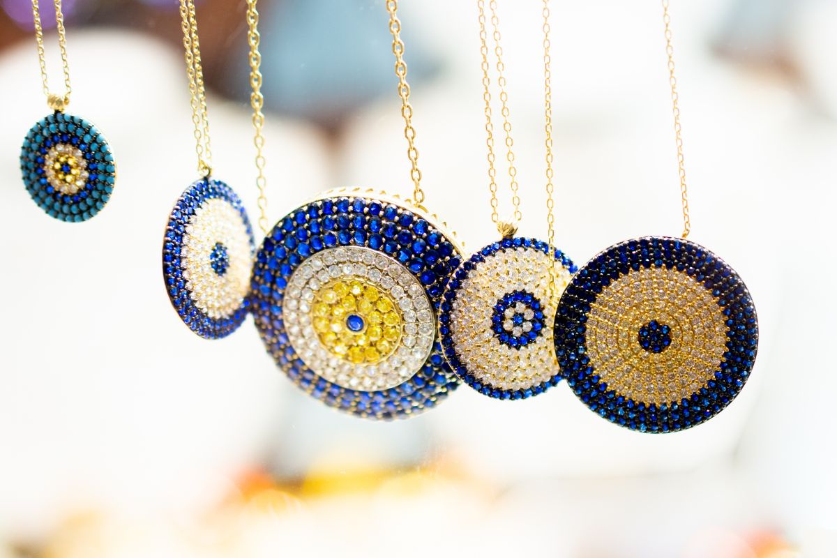 A beautiful collection of evil eye pendants.