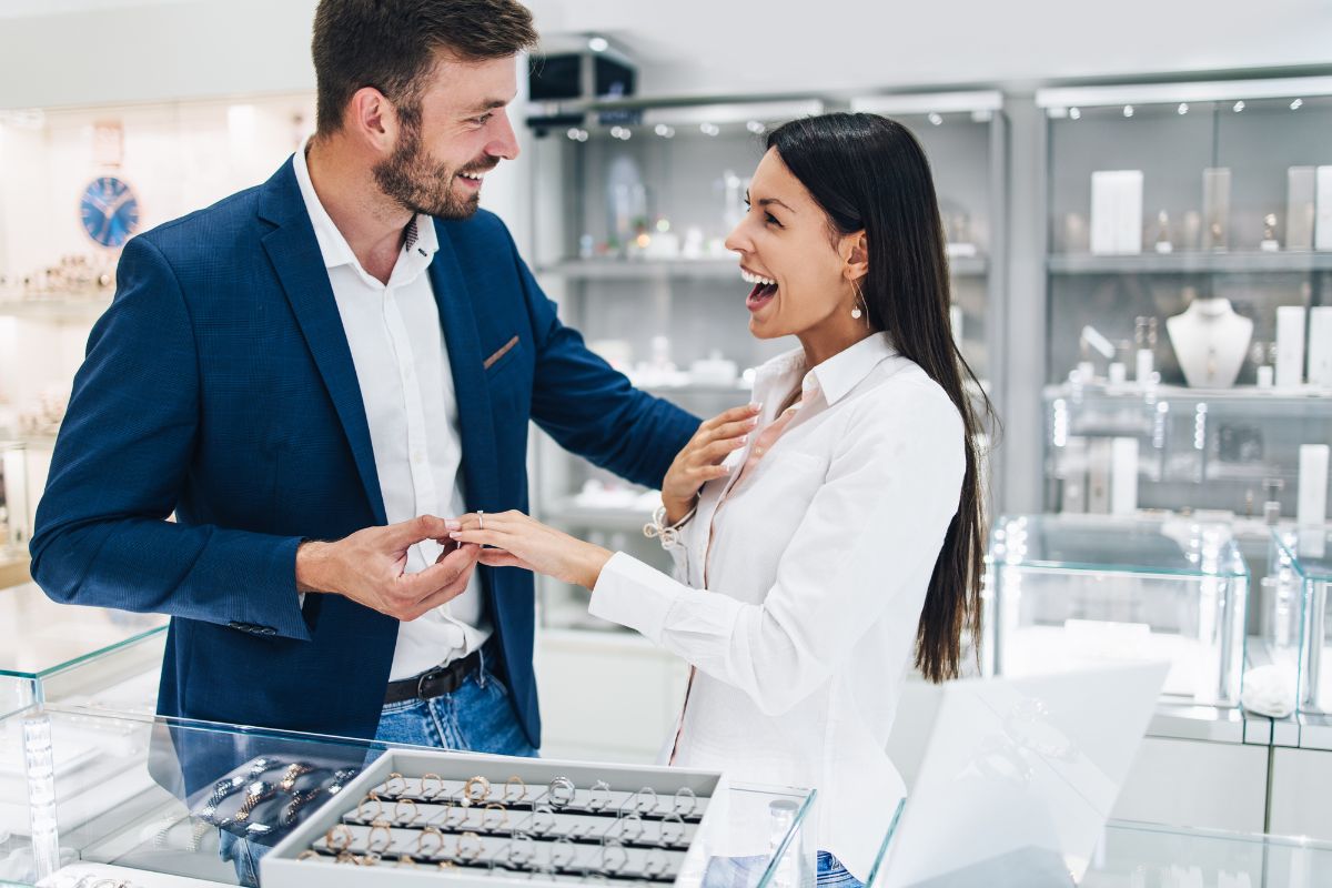 A couple buying lab grown diamond ring from the jewelry shop