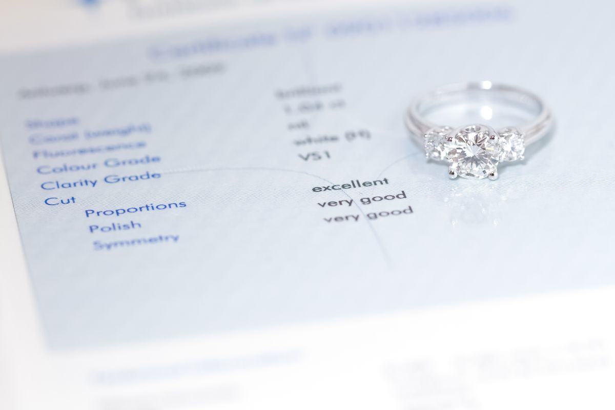 A diamond ring with its certificate under it.