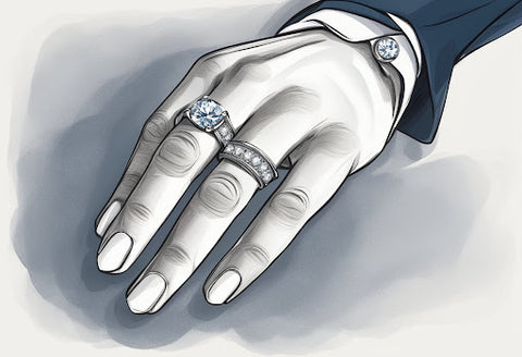 A hand wearing a wedding band and a ring