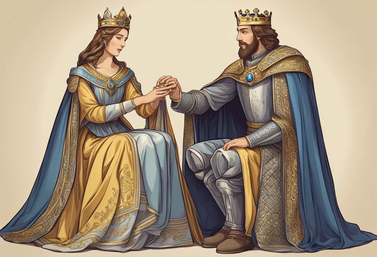 A king placing a ring on the queen's finger symbolizing historical significance