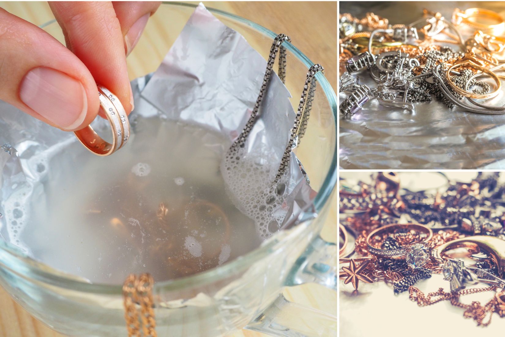 A lady cleaning her yellow and white gold jewelry