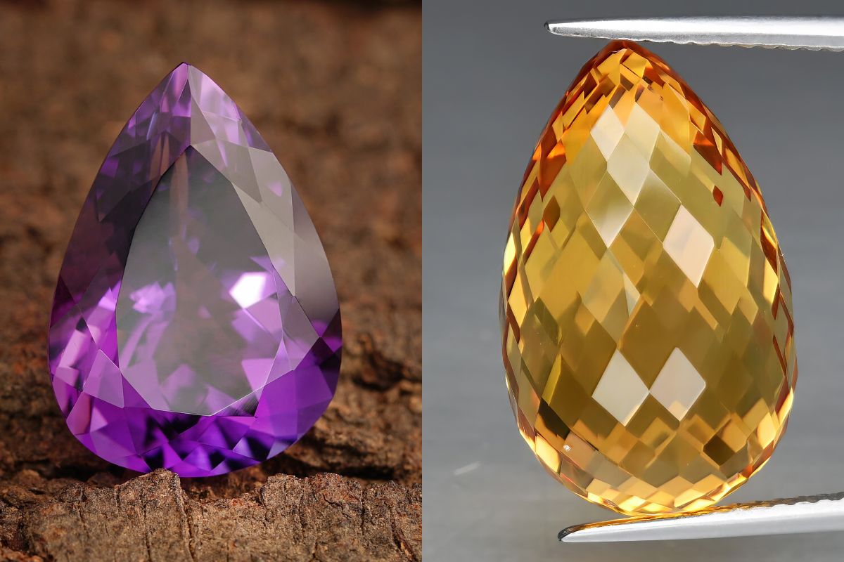 Amethyst gem on the left and Citrine gem on the right side of the picture.