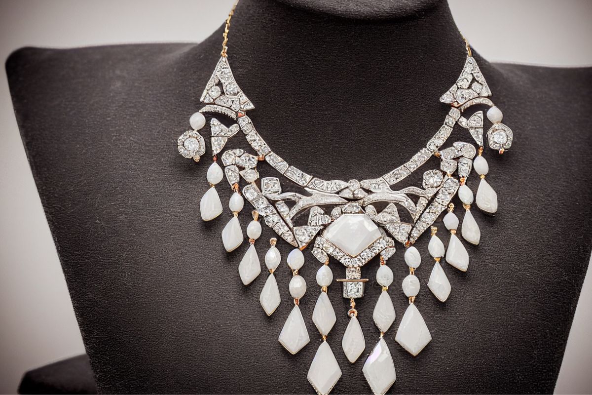 An artistic necklace crafted from costume jewelry