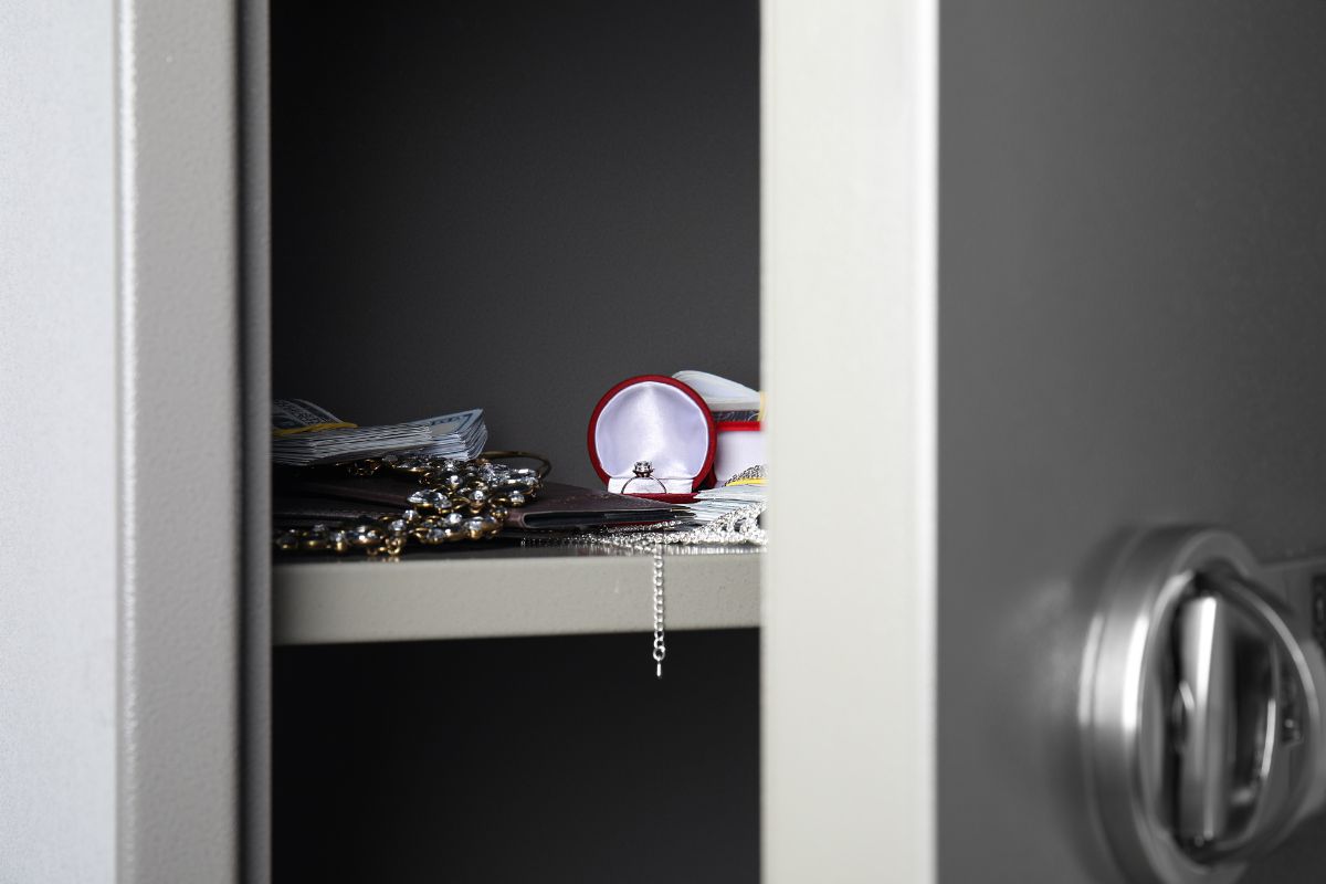 An engagement ring and other valuables safely stored in a secure safe