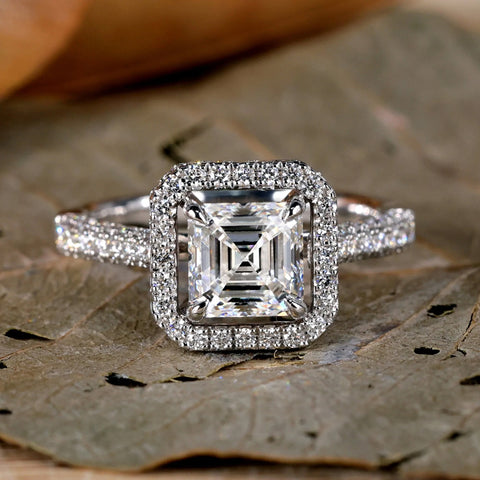 1.30 CT Asscher Cut Lab Created Diamond Engagement Ring - Halo/Pave Ring