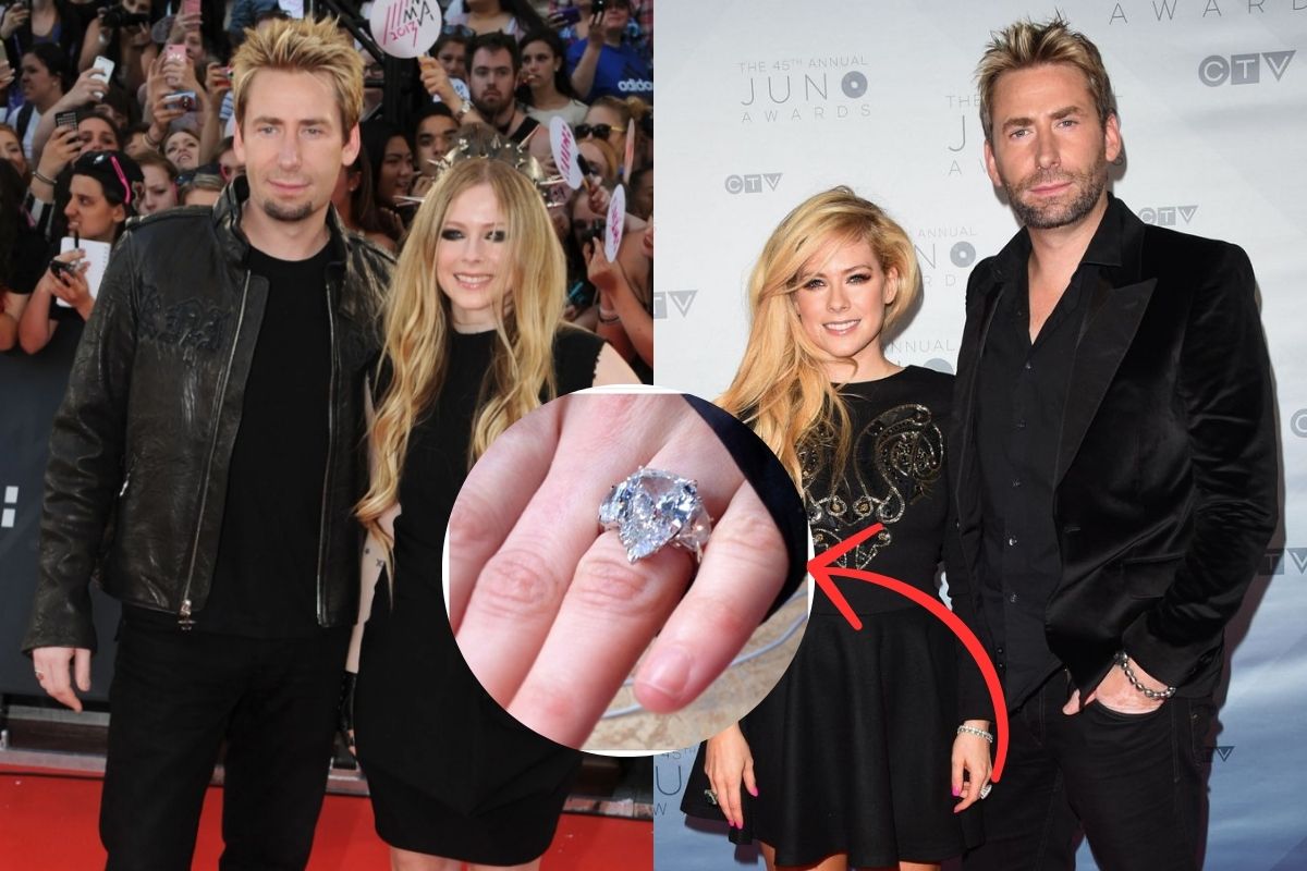 Avril Lavigne with her partner and a photo of huge Pear-shaped diamond ring with half moon side stones.