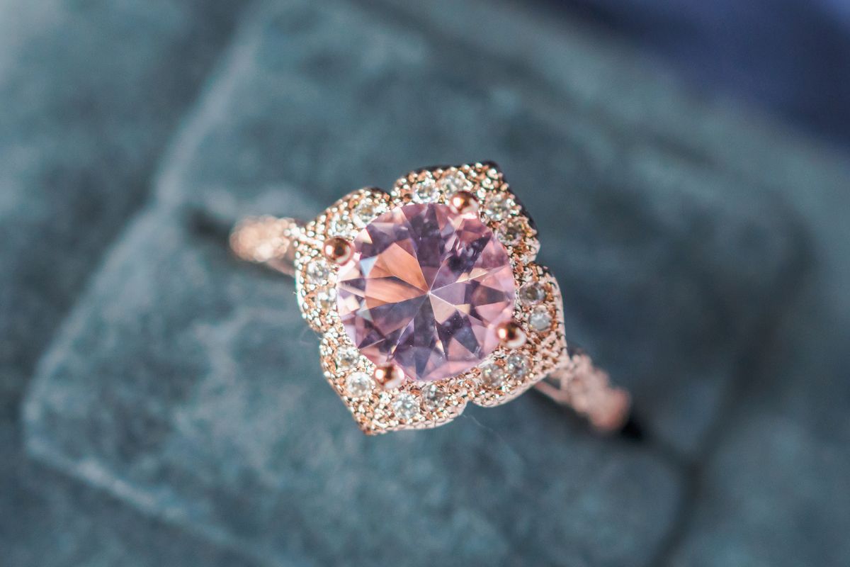 Beautiful pink color lab grown round cut diamond ring.