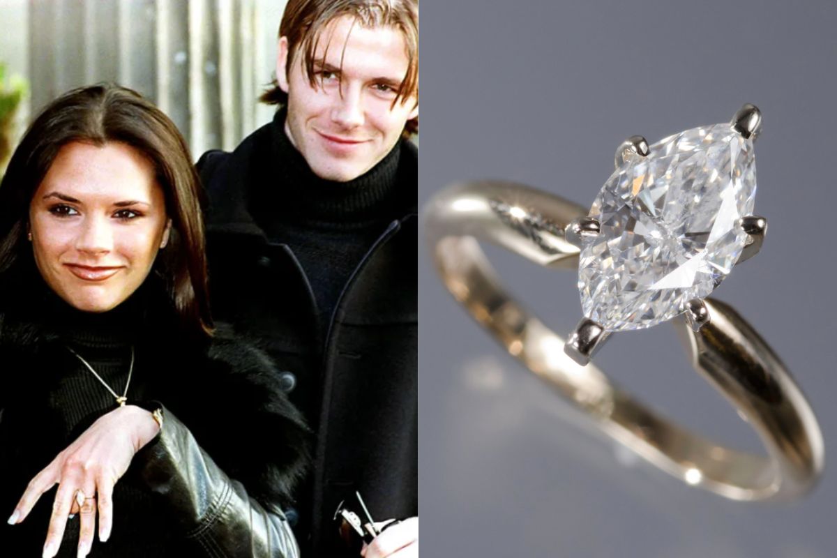 Bekham couple on the left side and close up view of victoria's engagement ring on the right.