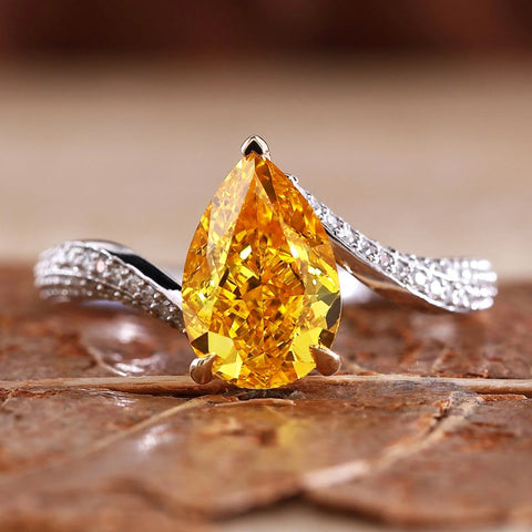 Unique 2.12 CT Pear Yellow Lab Grown Diamond Bypass Pave Engagement Ring
