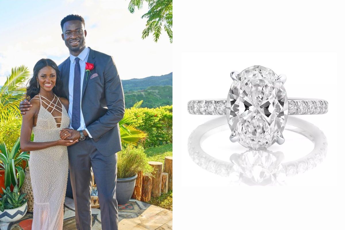 Charity lawson engagement ring on the right side and both partner photo on the left side.