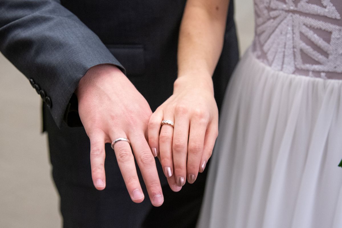 Couple wearing engagement ring on their right hand's ring finger
