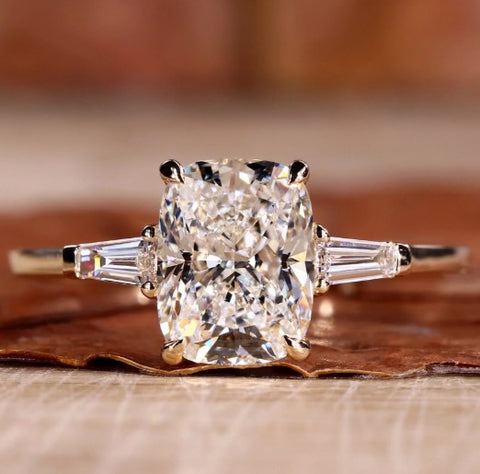 Cushion Cut Lab Created Diamond Three Stones Engagement Ring for Women