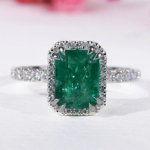 Emerald Gemstone Engagement Ring, 1.81 CT Emerald Cut Halo Wedding Ring, May Birthstone Ring