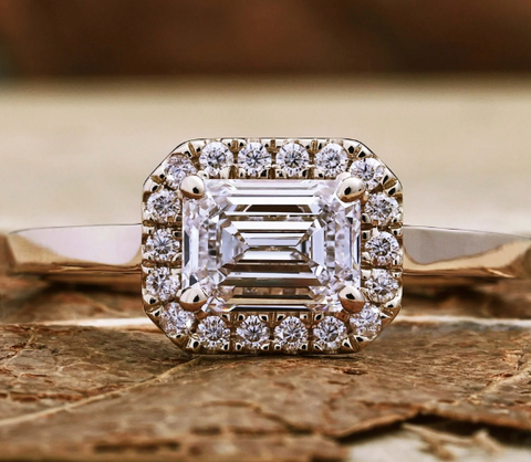 1.02 CT Emerald Cut D/VVS2 Lab Grown Diamond Halo Engagement Ring, Cathedral Set Ring